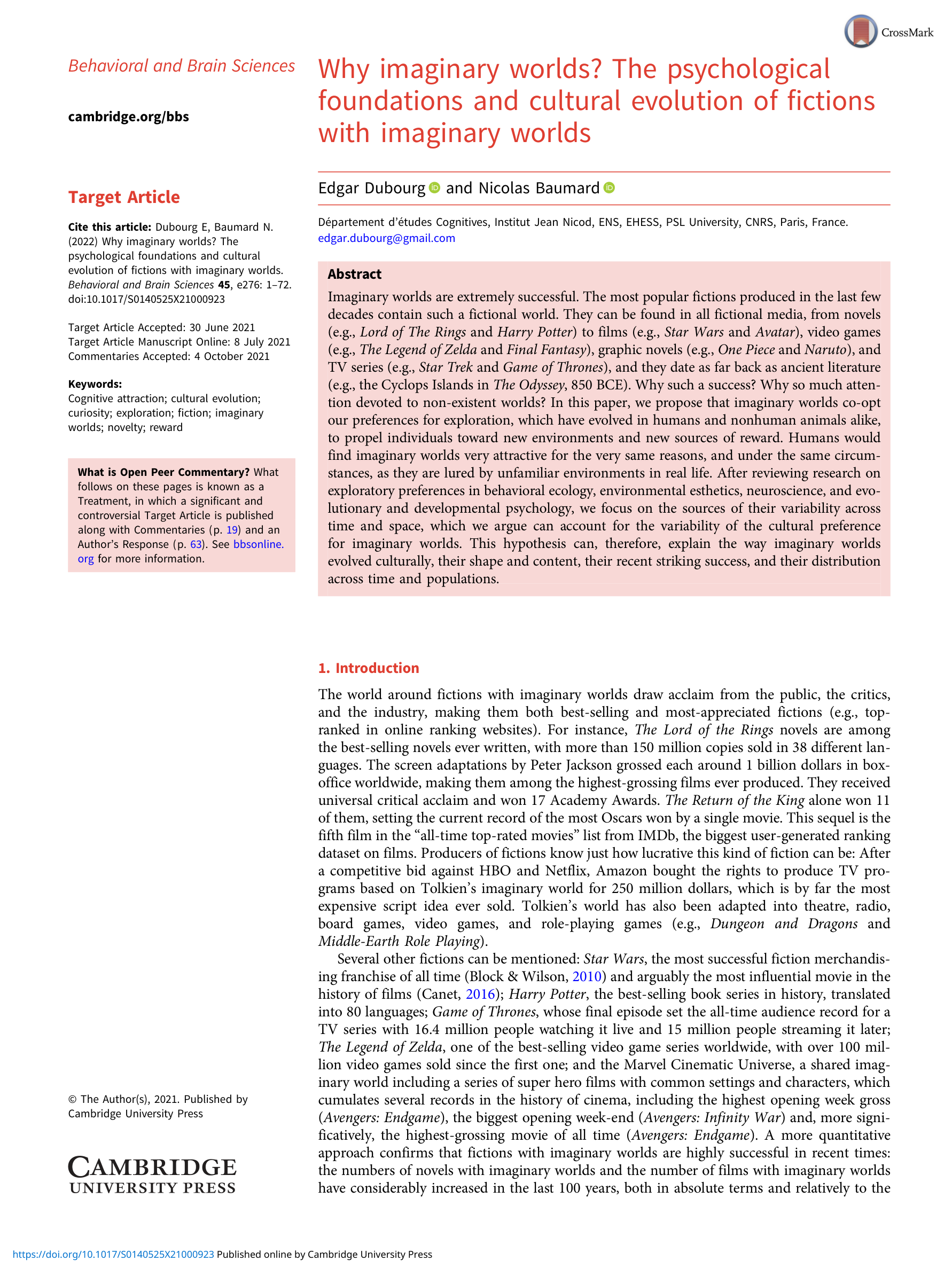 Why Imaginary Worlds?